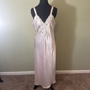 Vintage Val Mode Nightgown Pink Satin Long Lace Trim V-neck Croquette Fairy Med.